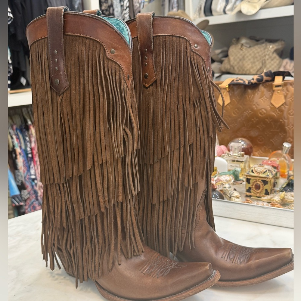 Brown Fringe Leather Cowboy Boots